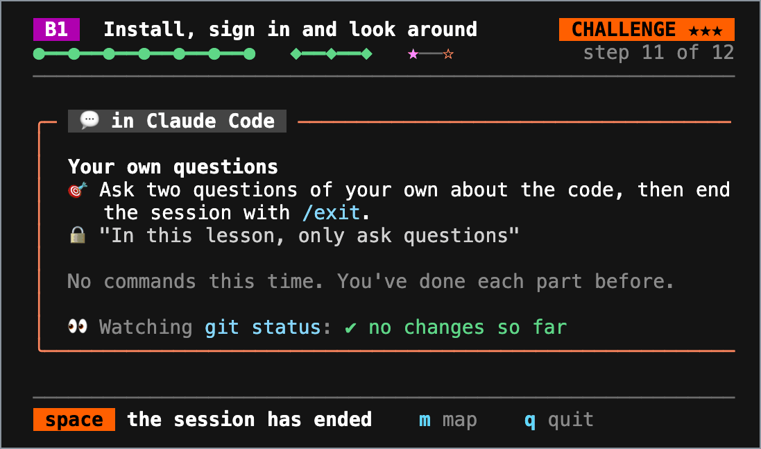 By step 11 the app gives only the goal and the lesson's rule, and reports from git status that nothing in the copy has changed yet.
