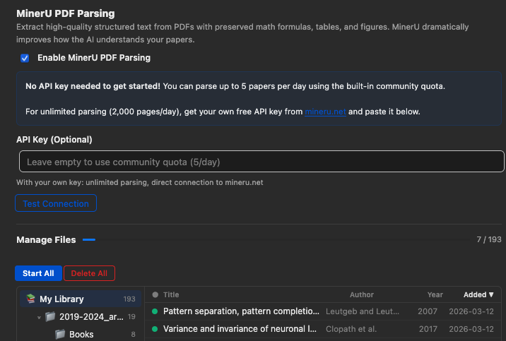 Screenshot showing MinerU PDF parsing results in the plugin