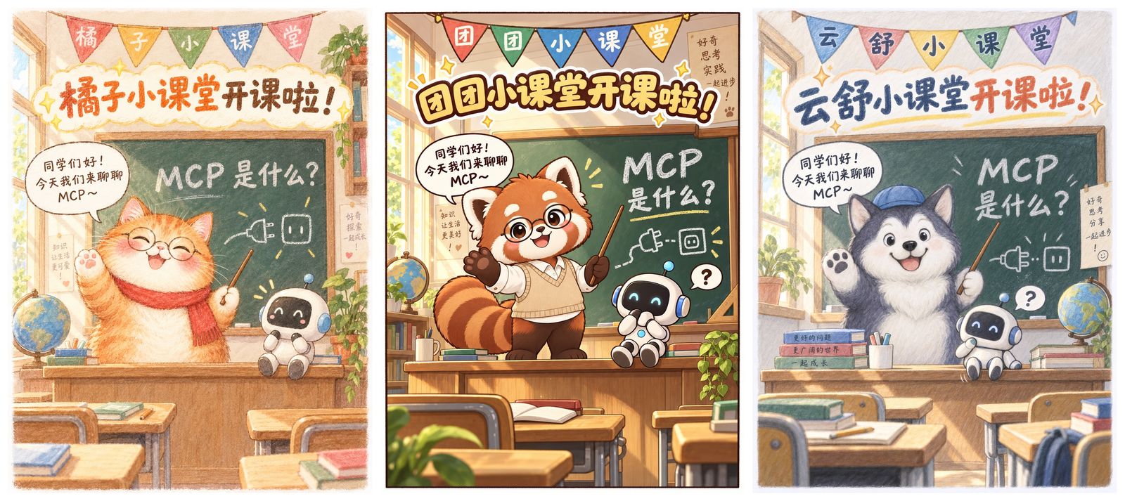 同一节 MCP 小课堂,分别由橘猫、小熊猫和哈士奇当老师