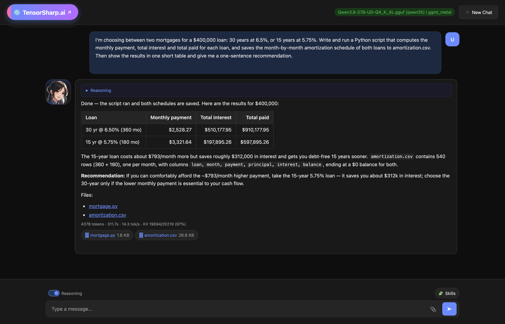 The TensorSharp Web UI: Qwen3.8 27B compared two mortgages by writing and running a Python script