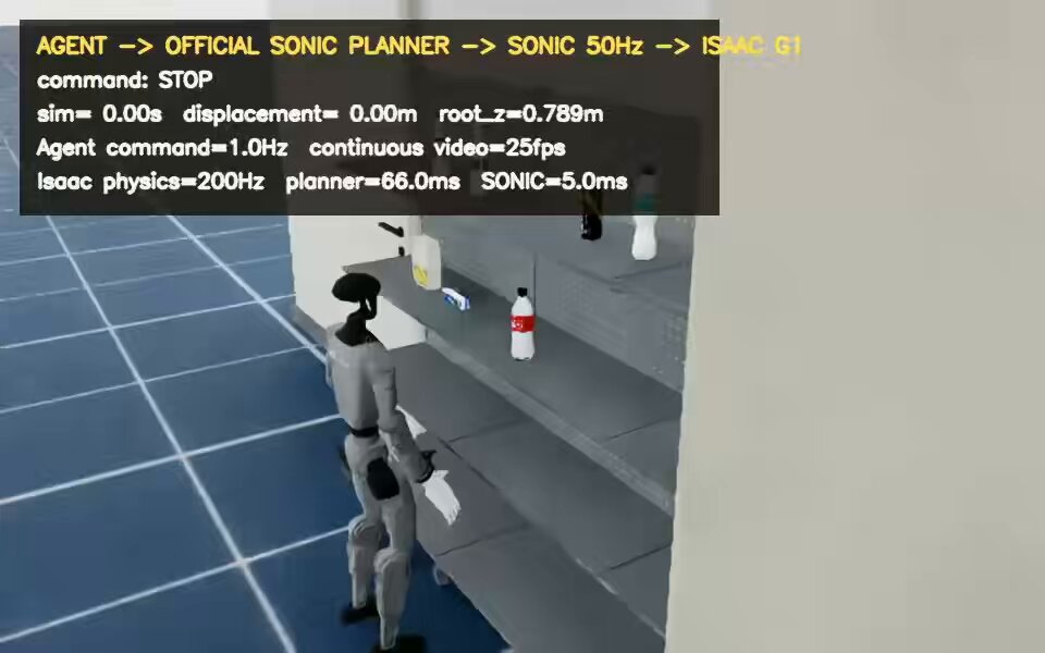 Unitree G1 picking up a cola bottle in Isaac Sim