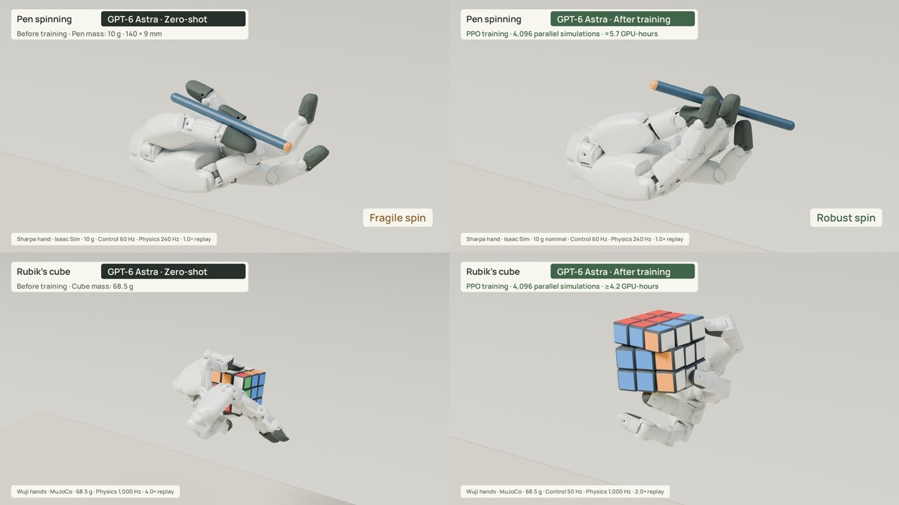 Zero-shot and PPO-trained pen spinning and Rubik's cube dexterous manipulation