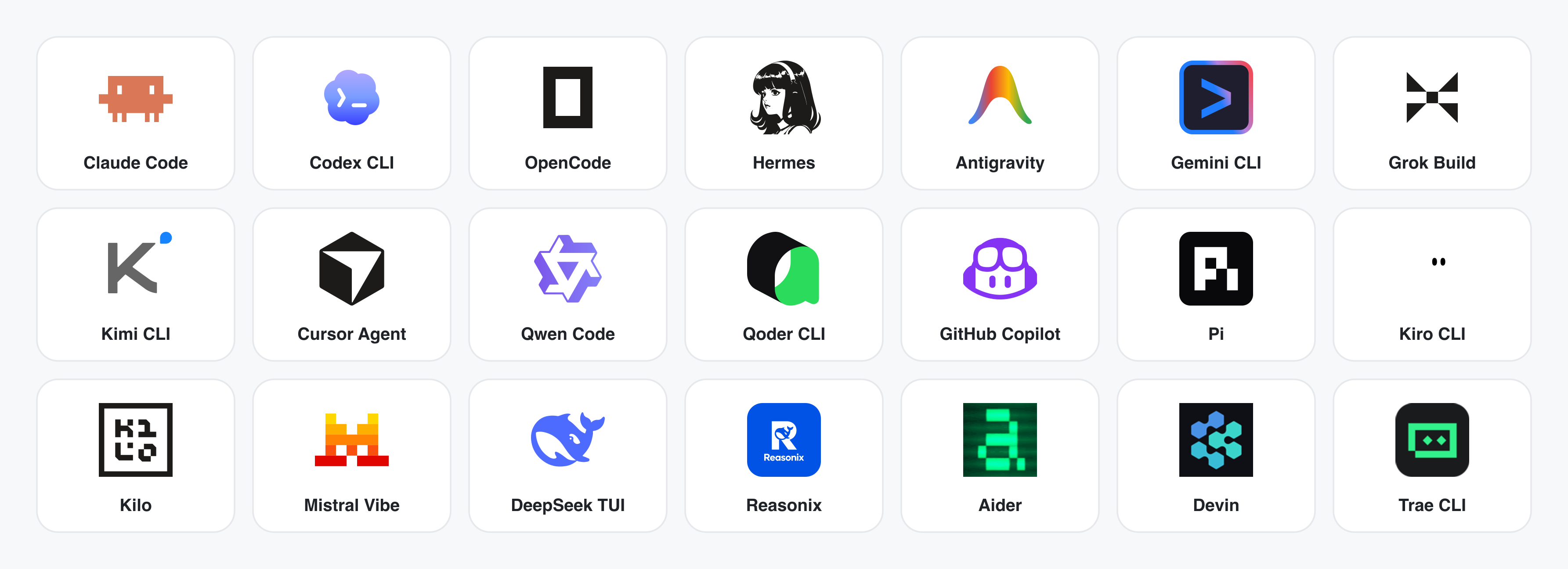The 26 coding-agent CLIs OpenDesign supports — DeepSeek Harness · Claude Code · Codex · OpenCode · Hermes · Antigravity · Vela · Grok Build · Kimi · Cursor Agent · Qwen · Qoder · GitHub Copilot · Pi · Kiro · Kilo · Mistral Vibe · DeepSeek · Reasonix · Aider · Amp · CodeBuddy · Mimo · AtomCode · Devin · Trae
