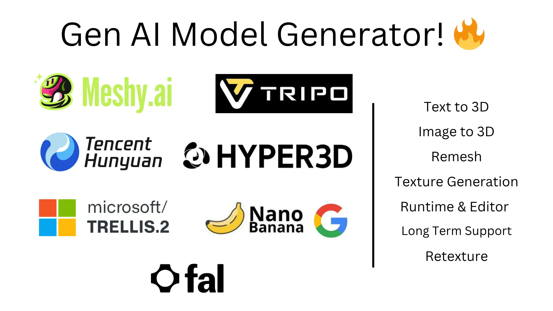 Gen AI Model Generator - Meshy Tripo Hunyuan3D Trellis Rodin 3D Generation